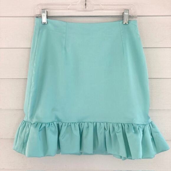 Naked Wardrobe NEW The Statement Pastel Turquoise Satin Ruffle Mini Skirt - Picture 1 of 4